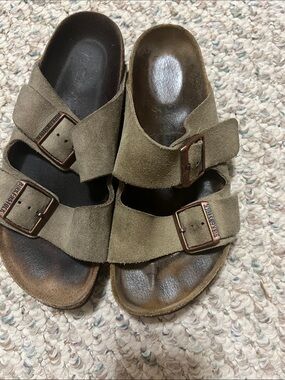 Birkenstock Olive Suede Two-Strap Slide Sandals
